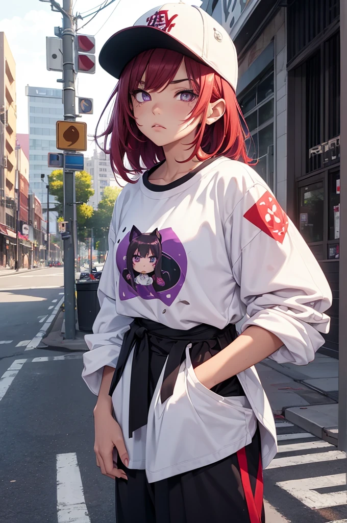1 femal, small ???, eichiro oda style, asian, cute slanty eyes, full sleeve geisha tattoos on right arm, teardrop tattoo under eye, hip hop clothes, realistic lips, oversized white t-shirt, arms crossed propping up breast, hourglass figure, cat ears, on the street corner, pistol tucked in pants, light brown hair, purple eyes, angry, red hair, slit pupils, baseball cap, best quality