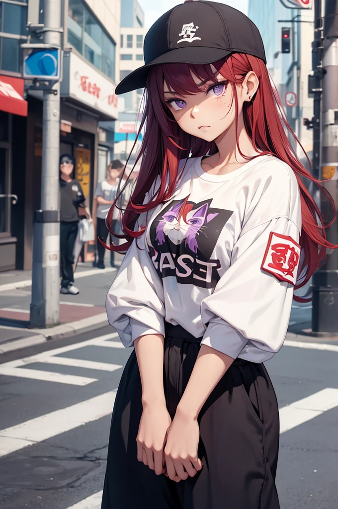 1 femal, small ???, eichiro oda style, asian, cute slanty eyes, full sleeve geisha tattoos on right arm, teardrop tattoo under eye, hip hop clothes, realistic lips, oversized white t-shirt, arms crossed propping up breast, hourglass figure, cat ears, on the street corner, pistol tucked in pants, light brown hair, purple eyes, angry, red hair, slit pupils, baseball cap, best quality