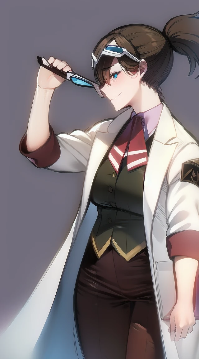 1girl,brown hair
BREAK ((emaskye, (ponytail, brown hair, labcoat),armband, eyewear on head:1.4))
BREAK ((smiling,fullbody:1.1))
BREAK indoors,
BREAK looking at viewer,
BREAK (masterpiece:1.2), best quality, high resolution, unity 8k wallpaper, (illustration:0.8), (beautiful detailed eyes:1.6), extremely detailed face, perfect lighting, extremely detailed CG, (perfect hands, perfect anatomy),