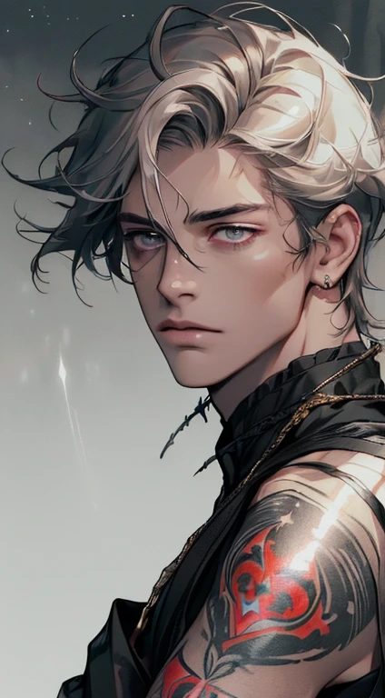 (((8K, RAW photos, Best quality, tmasterpiece: 1.4))), Ultra-high resolution, ultra - detailed, lamplight, Close-up cleavage, Handsome men, gold eyes, (Detailed eyes, The eyes are bright:1.2), Medium long red hair, pale-skinned, ear piercings, Dark, Blackn clothes, Meticulous clothes, gold accessories on clothes, (perfect anatomia:1.2), Highqualityshadow, natural lightting, (White highlights:1.2), natta, overcast day, (arm tattoos:1.2), (starrysky:1.2),Masterpiece, high quality, best quality, HD, realistic, perfect lighting, detailed body, 1 man, dark White hair , face expression, black military suit, in the cave,