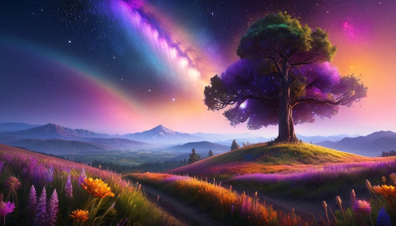 Huge landscape photo, (bottom view, sky above and open field below), A girl stands in a flower field and looks up, (Take the key: 1.2), (meteor: 0.9), (nebula: 1.3), distant mountains, BREAK Creating artistic trees, (warm light: 1.2), (fireflies: 1.2), lights, lots of purple and orange, complex parts, volumetric lighting, Realism (First job: 1.2), (better quality), 4K, ultra detailed, (dynamic compositing: 1.4), very detailed and colorful details, (rainbow colors: 1.2), (bright lighting, atmospheric lighting), dreamer, magic, (One: 1.2)