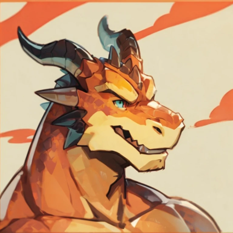 Solo, male, dragon, muscular, orange scales, yellow underbelly, spikes, bara, handsome, clouds