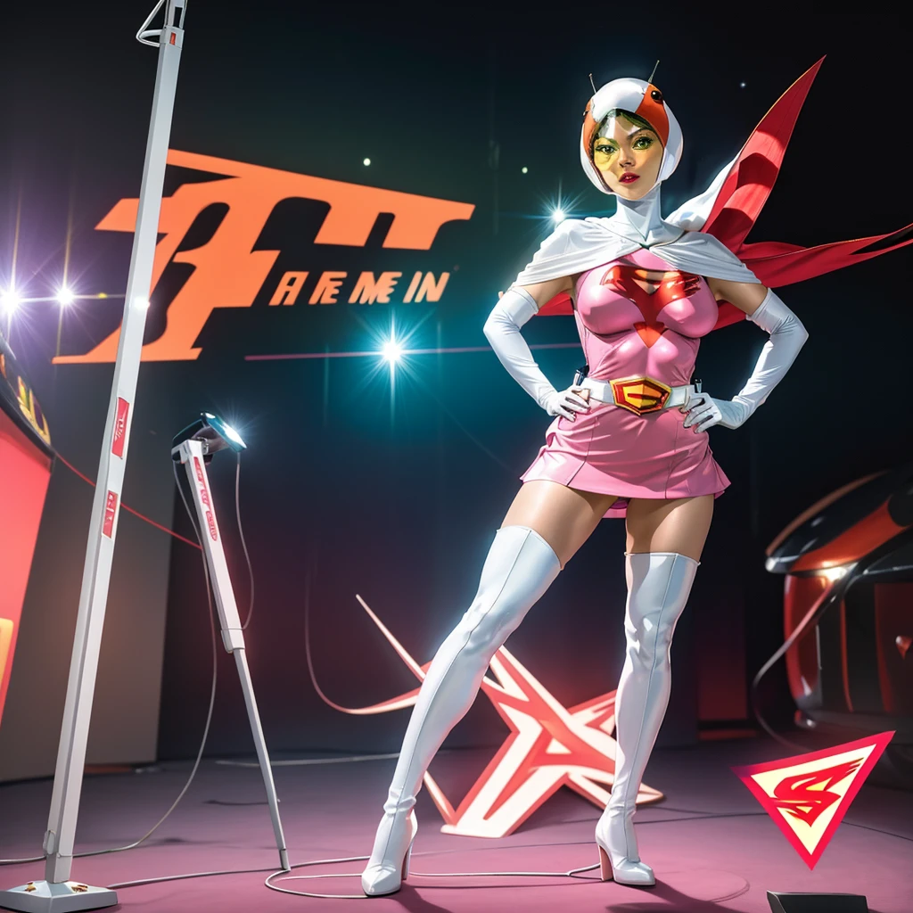 ANI_CLASSIC_jun_gatchaman_ownwaifu,1girl, 15 years old,good anatomy, masterpiece, best quality,realistic, hyperrealistic, 16k hdr,breasts,green eyes,lips,large breasts,lipstick,makeup,gloves,cape,helmet,belt,elbow gloves,white gloves,mask,ultra miniskirt,leotard,spacesuit,white tight overknee highheels boots,pink dress,superhero,bodysuit,cleavage,erected nipples,((stand pose,hands on hip,view from below)),cameltoe