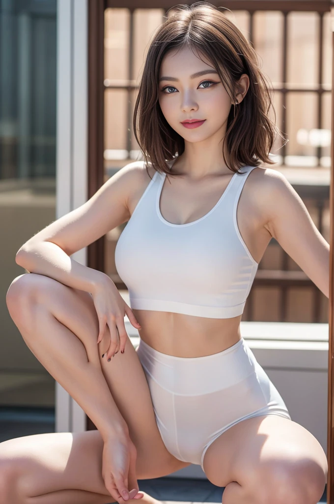 fullbody, sitting,posing squatting,confidently in a white striking bodysuit with geometric cutouts that highlight her stunning features. a spanish lady,highest quality. ,blue eye, woman posing confidently in front of a crisp background, Radiant smile illuminates her face as she showcases her toned physique in transparency yoga shorts and crop top. Camera zooms in with sharp focus on her eyes, highlighting individual skin pores and every detail. Shot in 8K high definition, perfectly lit to emphasize her beauty.