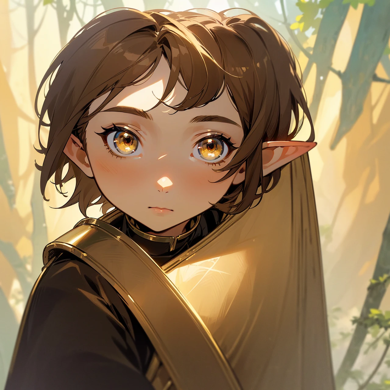 (UHD, masterpiece, face angle, high details, high quality, best quality, HD), (1Girl, 25 years, Elf, (very short brown hair), (golden eyes color, wearing light golden medieval armor), neutral pose and face, badass), (In a forest)