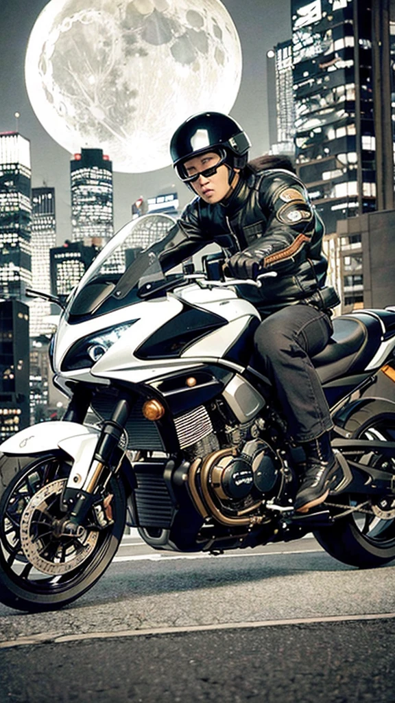 best quality, masterpiece, photo, 4K, photorealistic, highly detailed,
1boy riding motobike, techwear, cyberpunk city, solo, futuristic, huge moon in the background, black and white, by Akira Toriyama, closeup,