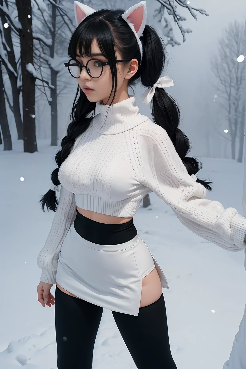 (Best Quality,High resolution:1.2), Ultra-detailed, Realistic portrait, hot Russian girl, pretty face, perfect long legs, full body, tiny waist. large breasts, standing, tight white cropped jumper, black high waist leggings, pink and white snow boots, in the snow, large blue eyes, long black hair tied up with a ribbon, pigtails, tight high waist mini skirt, woolen socks, hair bangs, snowing, foggy, (large round black rimmed glasses), cat ears, (large bow at the back of head, midriff), ((kissing old man))