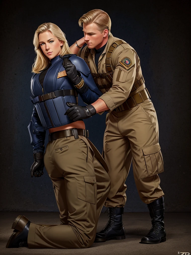 Leyendecker style illustration of a blonde Navy SEAL making love to a girl. He is dressed in a Kevlar body armor, the girl is kneeling in front of him, unbuttoning his trousers and underpants.
