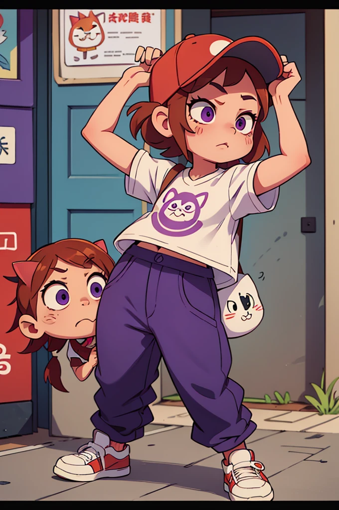 1 femal, small kid, eichiro oda style, asian, cute slanty eyes, full sleeve geisha tattoos on right arm, teardrop tattoo under eye, hip hop clothes, realistic lips, oversized white t-shirt, arms crossed propping up breast, hourglass figure, cat ears, on the street corner, pistol tucked in pants, light brown hair, purple eyes, angry, red hair, slit pupils, baseball cap, best quality
