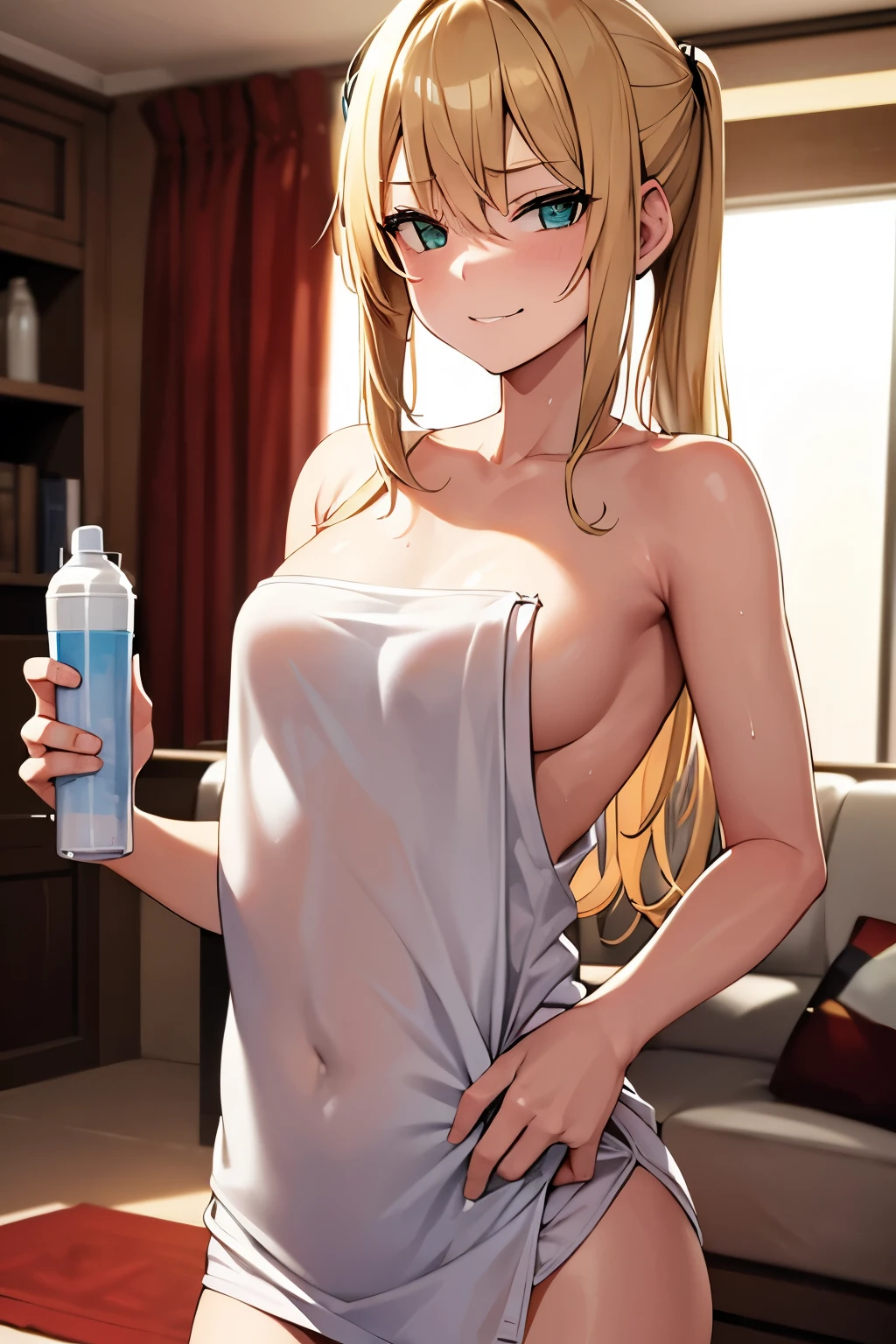 A 19 year old blonde girl, with green eyes, returns to the living room, now wearing only a towel around his body. "excuse the delay. I remembered that later I will have to leave, so I have to shower and get ready, but I brought him his juice." With a slightly embarrassed smile, dice: "Why am I like this with a towel?? Well, I know that they are not ways to receive someone, but this is my house, nobody will know.