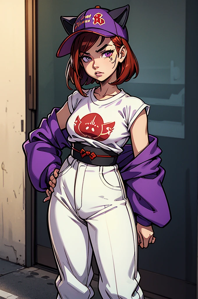 1 femal, small ???, eichiro oda style, asian, cute slanty eyes, full sleeve geisha tattoos on right arm, teardrop tattoo under eye, hip hop clothes, realistic lips, oversized white t-shirt, arms crossed propping up breast, hourglass figure, cat ears, on the street corner, pistol tucked in pants, light brown hair, purple eyes, angry, red hair, slit pupils, baseball cap, best quality