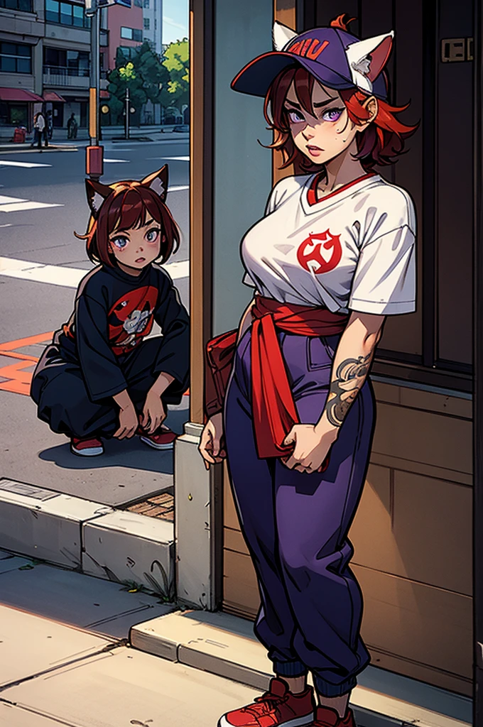 1 femal, small ???, eichiro oda style, asian, cute slanty eyes, full sleeve geisha tattoos on right arm, teardrop tattoo under eye, hip hop clothes, realistic lips, oversized white t-shirt, arms crossed propping up breast, hourglass figure, cat ears, on the street corner, pistol tucked in pants, light brown hair, purple eyes, angry, red hair, slit pupils, baseball cap, best quality