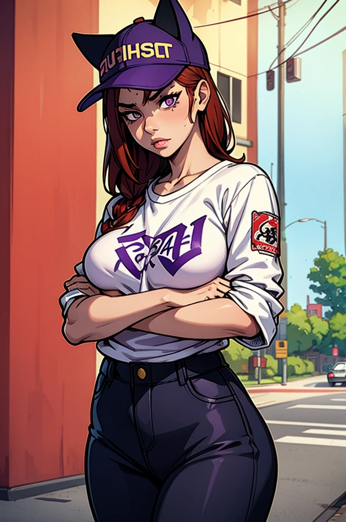 1 femal, small kid, eichiro oda style, asian, cute slanty eyes, full sleeve geisha tattoos on right arm, teardrop tattoo under eye, hip hop clothes, realistic lips, oversized white t-shirt, arms crossed propping up breast, hourglass figure, cat ears, on the street corner, pistol tucked in pants, light brown hair, purple eyes, angry, red hair, slit pupils, baseball cap, best quality