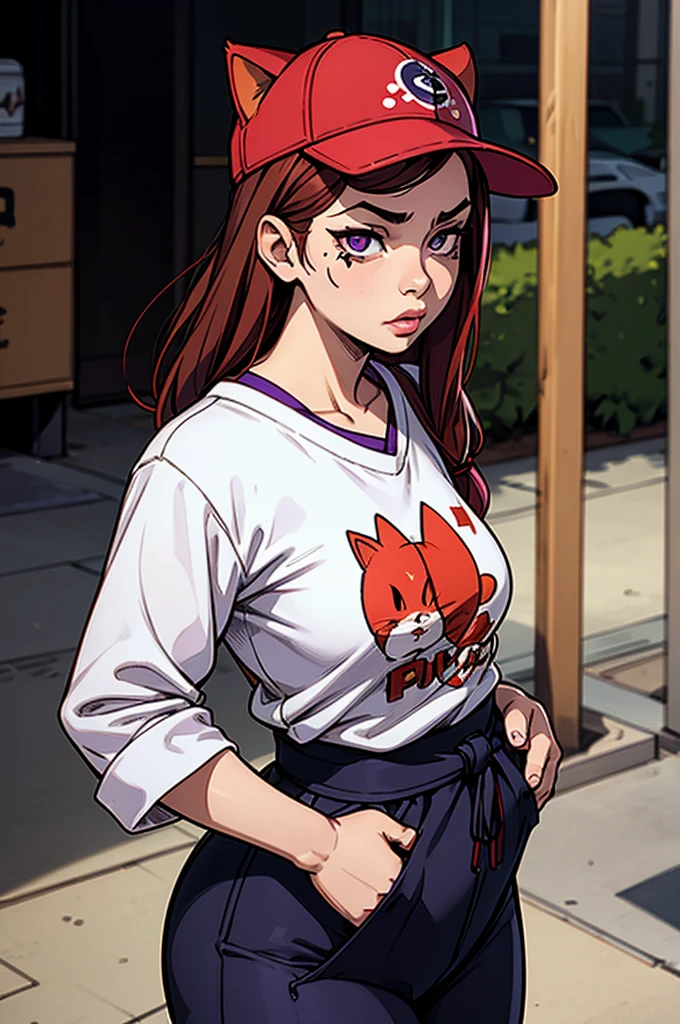 1 femal, small kid, eichiro oda style, asian, cute slanty eyes, full sleeve geisha tattoos on right arm, teardrop tattoo under eye, hip hop clothes, realistic lips, oversized white t-shirt, arms crossed propping up breast, hourglass figure, cat ears, on the street corner, pistol tucked in pants, light brown hair, purple eyes, angry, red hair, slit pupils, baseball cap, best quality