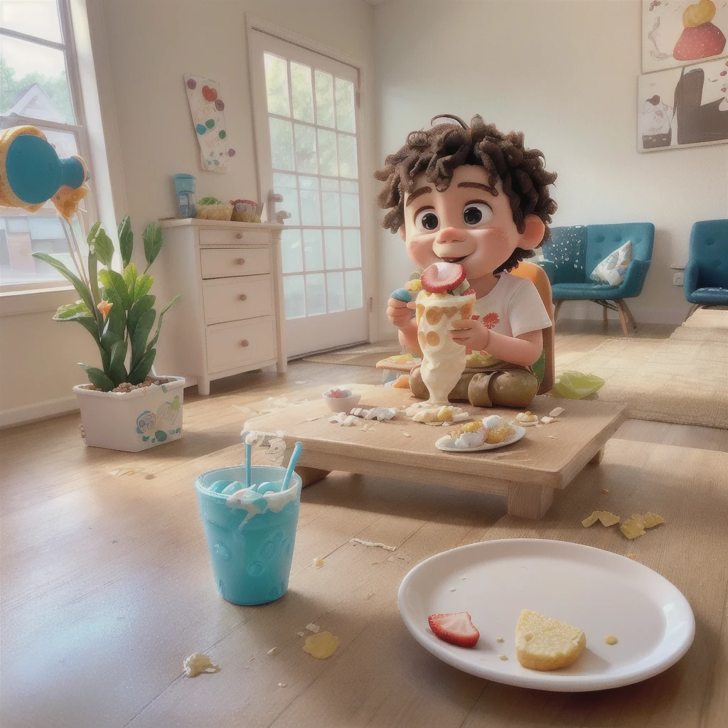 there is a sitting on the floor eating a piece of cake, having a snack, getting his tacos and drink), toddler, eating outside, sitting in his highchair, by Alexander Brook, messy eater, mixed art, healthy, , medium portrait, little kid, eating, sitting at table, sitting on a table, drinking a strawberry iced latte