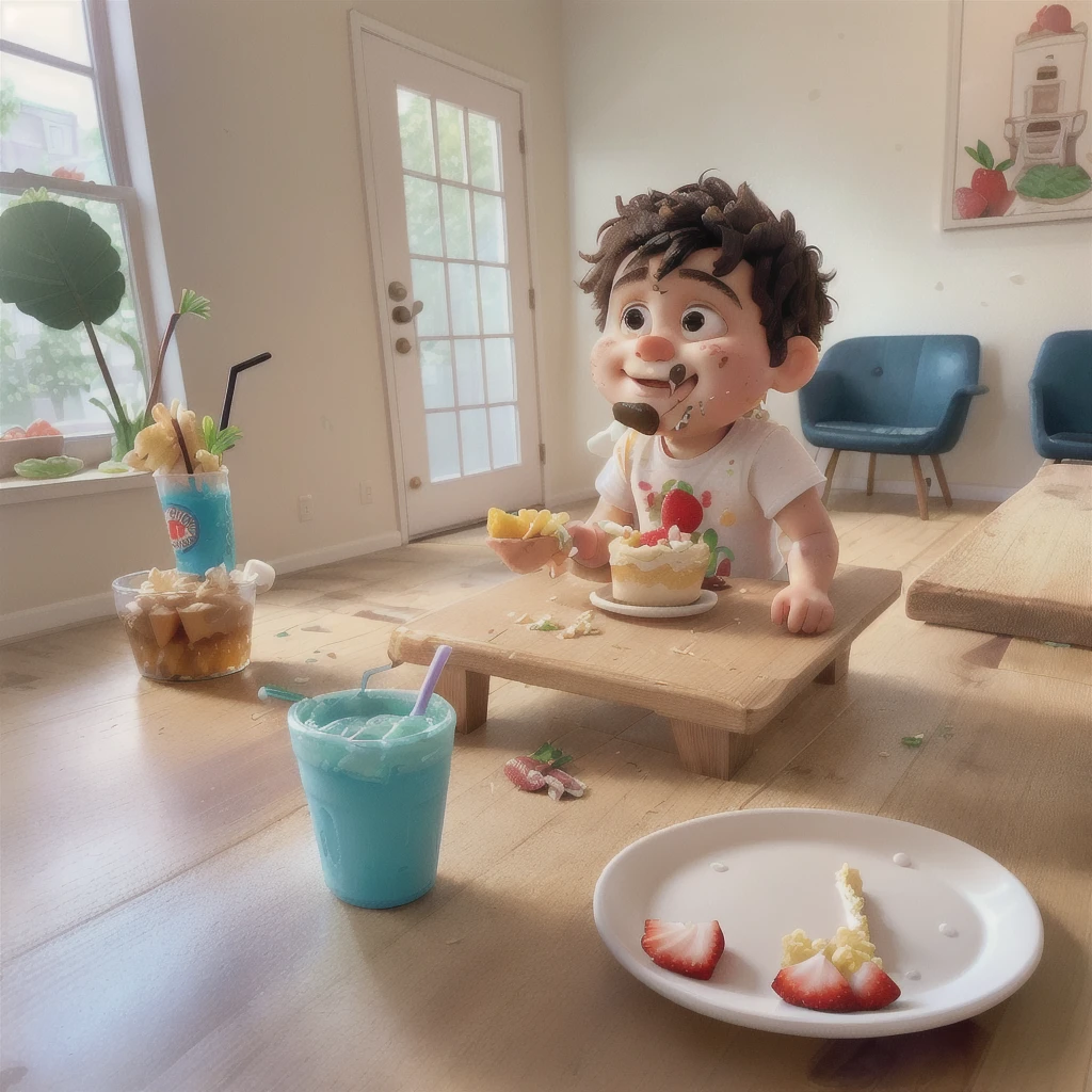 there is a sitting on the floor eating a piece of cake, having a snack, getting his tacos and drink), toddler, eating outside, sitting in his highchair, by Alexander Brook, messy eater, mixed art, healthy, 2 years old, medium portrait, little ???, eating, sitting at table, sitting on a table, drinking a strawberry iced latte