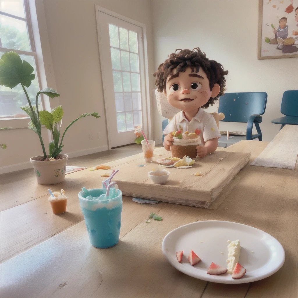 there is a sitting on the floor eating a piece of cake, having a snack, getting his tacos and drink), toddler, eating outside, sitting in his highchair, by Alexander Brook, messy eater, mixed art, healthy, 2 years old, medium portrait, little ???, eating, sitting at table, sitting on a table, drinking a strawberry iced latte