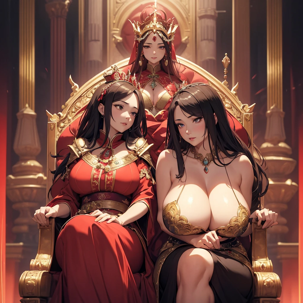 a woman with exaggerated large breasts, confident sitting on a throne, wearing a gorgeous red dress, a large ornate crown on her head, looking down at the viewer, detailed facial features, hyper-realistic, 8k, ultra-detailed, photorealistic, masterpiece, dramatic lighting, cinematic, oil painting、She is a Japanese woman、She is protected by the knights.