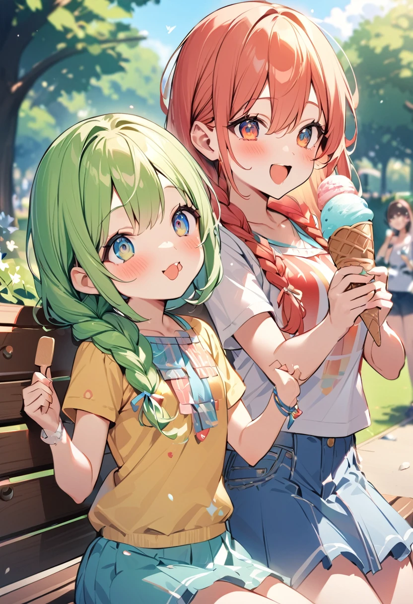 Highest quality、High resolution、Detailed Background、Beautiful face in every detail、Detailed eyes、Teenage Girl、Highly detailed face、cuteカラーの髪色、Braided bob cut、Braided Ponytail、cute仕草、Park bench、 (Two beautiful girls eating ice cream enthusiastically in the park:1.5)、 Hot summer day、Pop it into your mouth、Desperately licking to eat quickly、The sight of people stuffing their cheeks with each bite、 With big eyes showing joy、The sight of him eating with fascination、A big smile、smile、cute