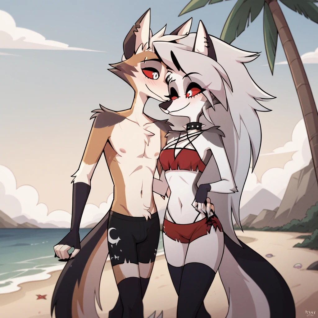 score_9, score_8_up, BREAK, source_anime, uncensored, perfect body, slim, thigh highs, fingerless gloves,
anthro, furry, pose, sexy,
Loona \(Helluva Boss\), NSFW, red swimsuit, bikini, head back, anthro male maned wolf with long spiked white hair and black face, black boxers, blushing, high detail, walking on beach, holding hands, smiling, open eyes, larger male, cuddling