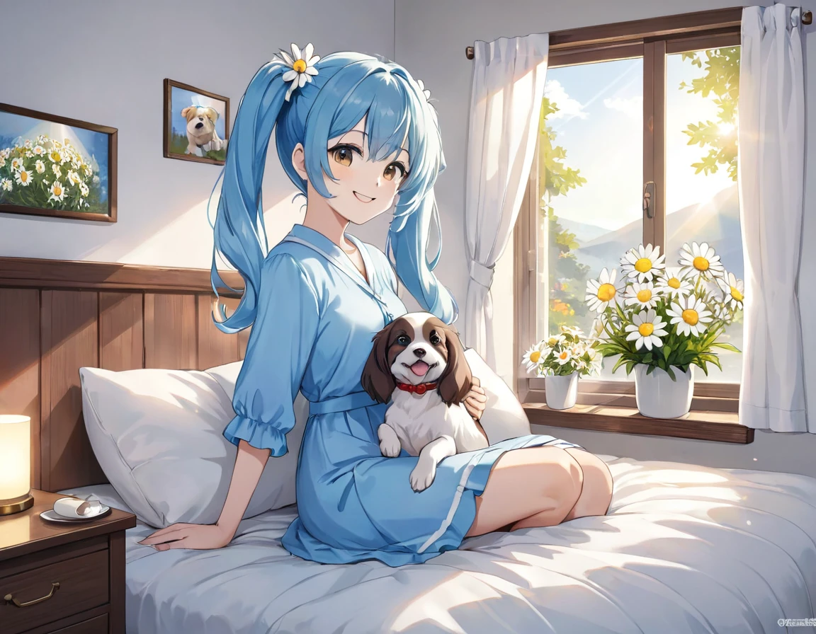 The room is decorated with many daisies.、Margaret flowers on the windowsill、The morning sun is shining、Long light blue hair、Beautiful girl with twin tails、Sitting on the bed holding a large pillow、Bright smile、There is a dog next to the bed.