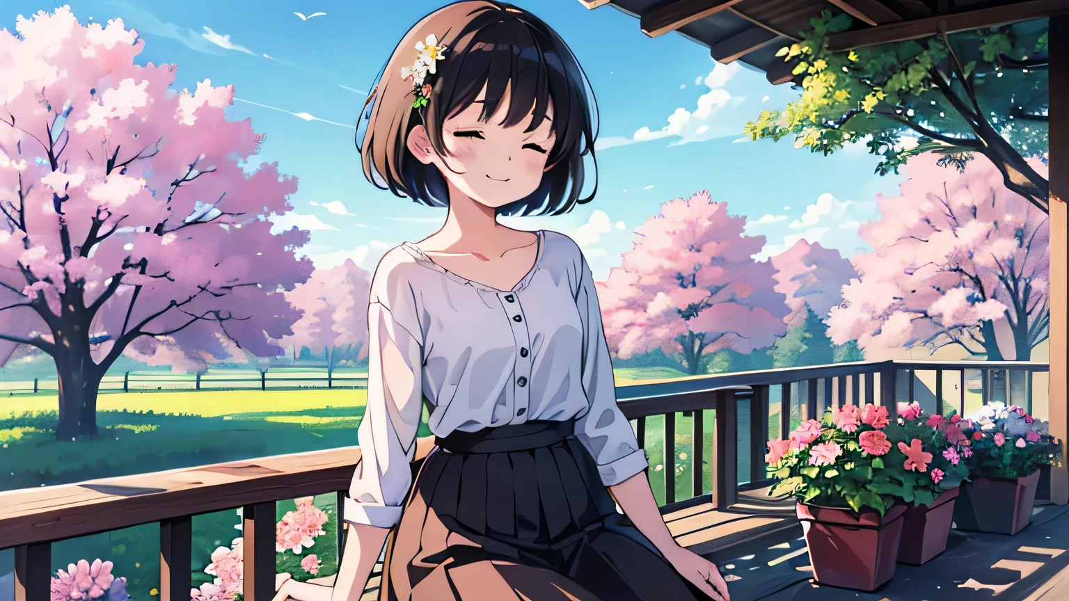 1girl, solo, flat chest, short hair, black hair, standing, gentle smile on her face((masterpiece, illustration, best quality), eyes closed, ((best quality)), ((masterpiece)),Anime style, colorful, amazing, tree, field, 4k anime wallpaper, flowers , beautiful sky, high resolution, ultra 4K, sitting on a balcony of a house
