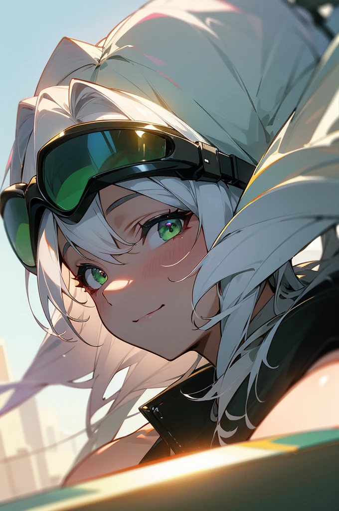 ace，4K，A high resolution，tmasterpiece，best qualtiy，head：1.3，Morning，softlighting，dynamic angle，[：（Detailed face:1.2):0.2], White hair，Goggles on his head，Beautiful green eyes，ssmile，having fun，head straight-looking at viewer
