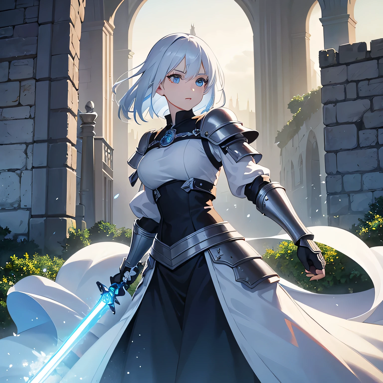 Girl with white hair, 20 years, bright blue eyes, sparkling long sword, Light armor, against the backdrop of the Middle Ages, medieval style, castles