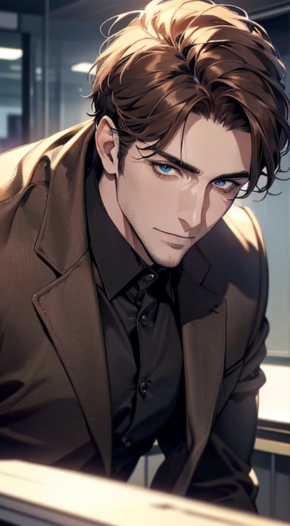 (best quality,4k,8k,highres,masterpiece:1.2),ultra-detailed,(realistic,photorealistic,photo-realistic:1.37),1 man,31 years old,mature man,very handsome,without expression,smile,short brown hair,blue eyes,penetrating gaze,perfect face without errors,imposing posture,businessman,office background,cinematic lighting,hdr image