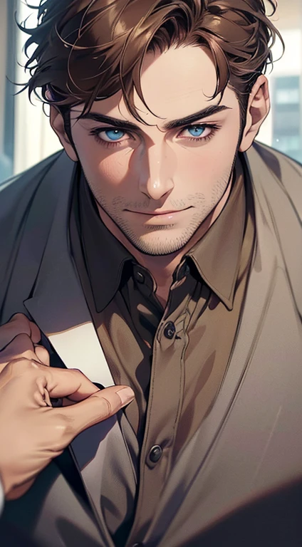 (best quality,4k,8k,highres,masterpiece:1.2),ultra-detailed,(realistic,photorealistic,photo-realistic:1.37),1 man,31 years old,mature man,very handsome,without expression,smile,short brown hair,blue eyes,penetrating gaze,perfect face without errors,imposing posture,businessman,office background,cinematic lighting,hdr image