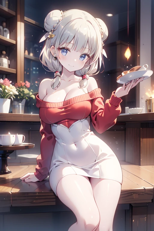(((Masterpiece))),(((Super Detail))),(((in 8K))),(((best composition))),(((Rim lighting,Fireglow effect,deep shadow))),solo),Beautiful fingers,Detailed finger features,(Detailed hair features:1.7),(Dynamic and sexy bending pose:1.3),detailed facial features,detailed clothes features, (perky chest:1.1), (pointed chest:1.3), delicate beautiful face, Bright blue eyes, cute eyes, sparkling eyes, Big eyes, beautiful detailed eyes,double bun with glittering hair ornament:0.6,(super detailed glossy skin:1.3),slender body,goddess smile,((with sparkling eyes and a contagious smile)),beautiful posture,silver bronde hair, blue eyes, dress, bare shoulders,collarbone, sidelocks, hairband, earrings with jewelry, off shoulder sweater dress, arms behind back:0.4, air plant, long hair with long locks, gold hairband, off-shoulder dress, sweater dress, off-shoulder sweater, red sweater, big side hair, very long side hair,(super delicate floral pattern:1.2),seductive cleavage:1.3,beautiful glossy legs,shiny red high heels,lifting dishes with cup of a coffee,french restaurant,hustle and bustle,rising steam,(((depth of fields)))