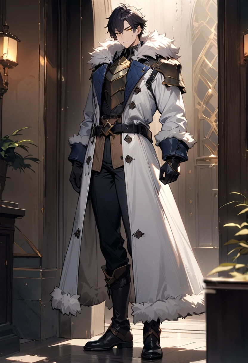 masterpiece, best quality, 1man, adult, male-focus, fur-trim, solo, full-body, black-hair, gloves, boots, armor, belt, coat, looking-at-viewer, ((Yellow-eyes)), black-gloves, long-coat, standing, white-coat, pants, White-skin,