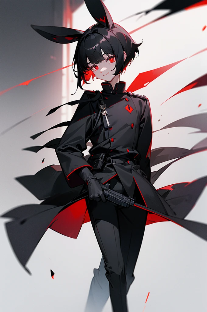 4k quality, perfect anatomy, high quality, gorgeous art, dark lighting, dull lighting, dark background, red highlights accents, short messy black hair, black bunny ears, pointed bright red eyes, tactical tech-wear black uniform, (fake smile:1.2), close up face shot, glowing eyes, (short boy hair:1.2), simple uniform