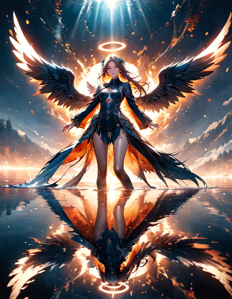 a picture of a female angel flying over a lake ((the angel's reflection mirrored perfectly in the lake: 1.5)), full body shot, a beautiful female angel, divine beauty angel, ((ultra detailed face: 1.3)), (best detailed face: 1.3), dynamic eye color, dynamic hair color, dynamic hair style, intense gaze, wearing dynamic clothing, hovering over a lake, (white angelic wings spread: 1.3), (((a perfect reflection of the angel seen in the lake: 1.5))) vibrant, Ultra-high resolution, High Contrast, masterpiece:1.2, highest quality, Best aesthetics), best details, best quality, highres, ultra wide angle, 16k, [ultra detailed], masterpiece, best quality, (extremely detailed), drkfntasy