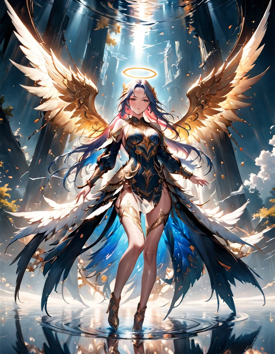 a picture of a female angel flying over a lake ((the angel's reflection mirrored perfectly in the lake: 1.5)), full body shot, a beautiful female angel, divine beauty angel, ((ultra detailed face: 1.3)), (best detailed face: 1.3), dynamic eye color, dynamic hair color, dynamic hair style, intense gaze, wearing dynamic clothing, hovering over a lake, (white angelic wings spread: 1.3), (((a perfect reflection of the angel seen in the lake: 1.5))) vibrant, Ultra-high resolution, High Contrast, masterpiece:1.2, highest quality, Best aesthetics), best details, best quality, highres, ultra wide angle, 16k, [ultra detailed], masterpiece, best quality, (extremely detailed), drkfntasy