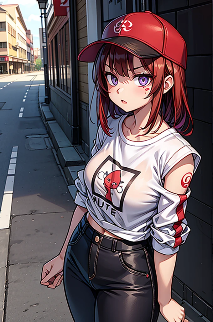 1 femal, small kid, eichiro oda style, asian, cute slanty eyes, full sleeve geisha tattoos on right arm, teardrop tattoo under eye, hip hop clothes, realistic lips, oversized white t-shirt, arms crossed propping up breast, hourglass figure, cat ears, on the street corner, pistol tucked in pants, light brown hair, purple eyes, angry, red hair, slit pupils, baseball cap, best quality