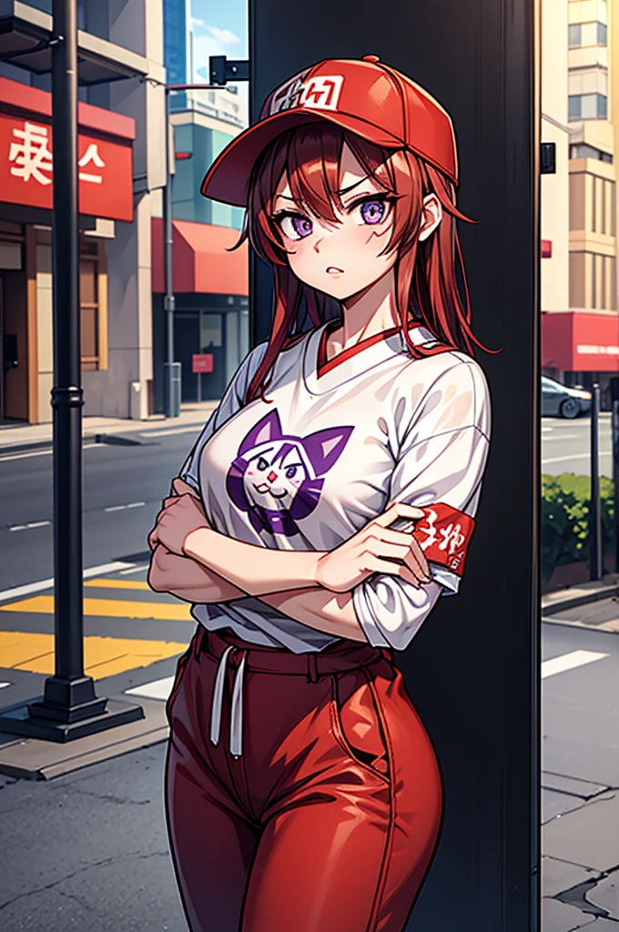 1 femal, small ???, eichiro oda style, asian, cute slanty eyes, full sleeve geisha tattoos on right arm, teardrop tattoo under eye, hip hop clothes, realistic lips, oversized white t-shirt, arms crossed propping up breast, hourglass figure, cat ears, on the street corner, pistol tucked in pants, light brown hair, purple eyes, angry, red hair, slit pupils, baseball cap, best quality