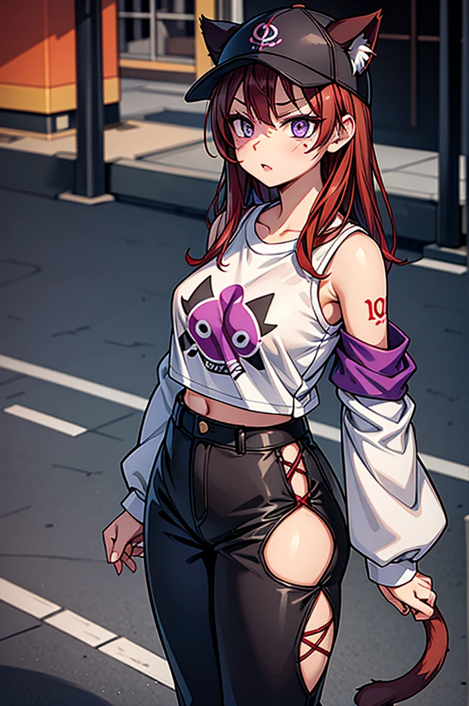 1 femal, small ???, eichiro oda style, asian, cute slanty eyes, full sleeve geisha tattoos on right arm, teardrop tattoo under eye, hip hop clothes, realistic lips, oversized white t-shirt, arms crossed propping up breast, hourglass figure, cat ears, on the street corner, pistol tucked in pants, light brown hair, purple eyes, angry, red hair, slit pupils, baseball cap, best quality