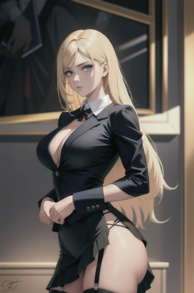 (Masterpiece artwork,A high resolution,best qualityer:1.2),8K,highy detailed,Complex,rich colourful,vibrant image,Focus Clear,cinematic light) hair blonde,cabelo longo e branco,greeneyes,body builder (Wear blackw business attire,blackw_Shirt with collar and cropped jacket,tick,tick,black skirt with ruffles,a garter belt,cinto de couro) (big fit ass, perfect round tits,hourglass-body,seios big fit asss, Waist slender,Very slender waist, photography realistic,(hyperrealisti:1)lindos seios big fit asss, Masterpiece artwork,Best quality at best,extreme detailed face,it's the perfect face,gorgeous face,perfect lighting,detailed eye makeup,details face,Beautiful details make us look pretty,perfect hand,glowing light eyes(pupil realistic,realistic iris:1)Heavy eye makeup,(Empty casino)(Posing dynamically)pantyrose