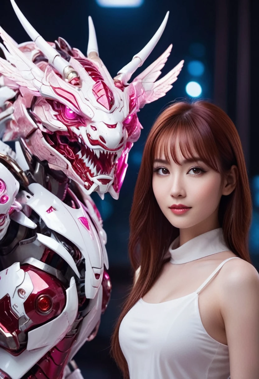 A beautiful woman of Romanian blood with red-brown hair with a Robotic Mecha Paladin body with a glowing Dragon design coated in white and pink porcelain which is shiny and beautiful full of beautiful Ruby red bioluminescent light, intricate and frightening carvings on the Mecha body, weapons parts, is hitting the ground hard while smiling at me, fairytopia forest background at night with a variety of magical lights from unique magical plants and creatures