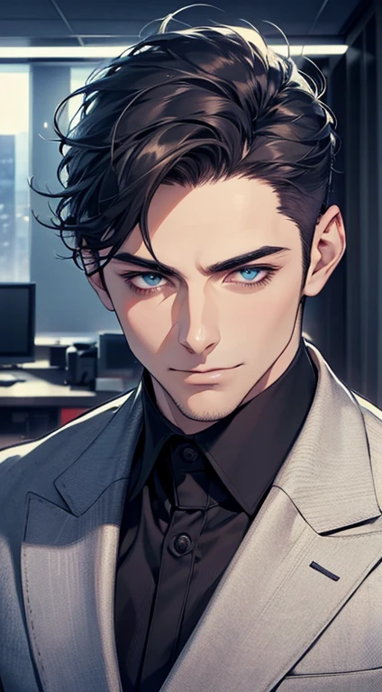 (best quality,4k,8k,highres,masterpiece:1.2),ultra-detailed,(realistic,photorealistic,photo-realistic:1.37),1 man,31 years old,mature man,very handsome,without expression,smile,short blue back hair,blue eyes,penetrating gaze,perfect face without errors,imposing posture,businessman,office background,cinematic lighting,hdr image
