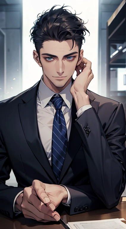(best quality,4k,8k,highres,masterpiece:1.2),ultra-detailed,(realistic,photorealistic,photo-realistic:1.37),1 man,31 years old,mature man,very handsome,without expression,smile,short blue back hair,blue eyes,penetrating gaze,perfect face without errors,imposing posture,businessman,office background,cinematic lighting,hdr image