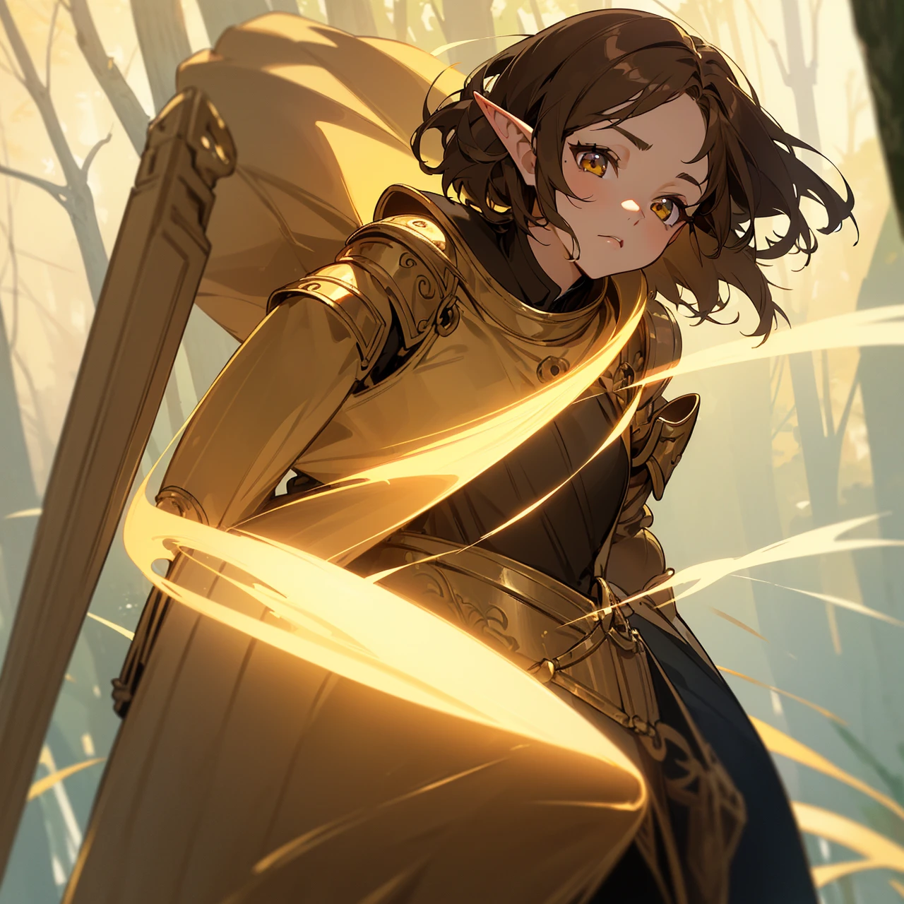 (UHD, masterpiece, face angle, high details, high quality, best quality, HD), (1Girl, 25 years, Elf, (very short brown hair), (golden eyes color, wearing light golden medieval armor), neutral pose and face, badass), (In a forest)