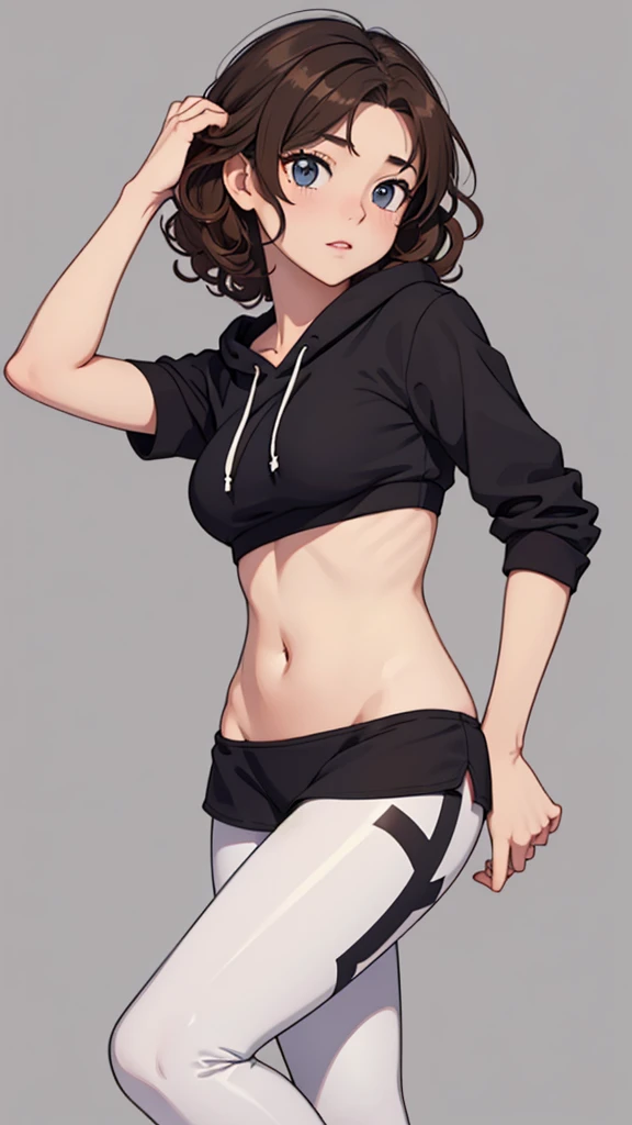 (((masterpiece, best quality, ultra highres, 1 girl, solo, no background))), super detailed skin and face and eyes and finger, beautiful japanese woman, small breasts:1.5, skinny, light brown hair, white background, very short curly pixie hair, (an illustration of girl), Knee shot, Generate with illustrations, Various expressions, Various poses, Please draw the entire character within the frame, ensuring that the head, arms, and legs are not cut off. The background should be simple, with the character positioned centrally, outline, anime, hoodie, curly hair, leggings,