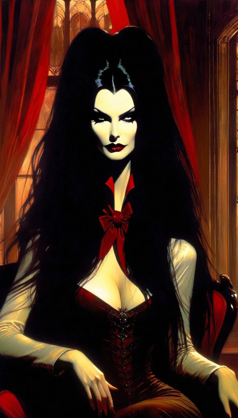 vampire girl, long black hair, middle age, full of blood, sexy middle age noble clothing, (((blood in the mouth))), slight smile, in a palace room, sitting in a luxurious armchair, large window with night view, dim light , sepia toned, (art inspired by Bill Sienkiewicz). oil painting)