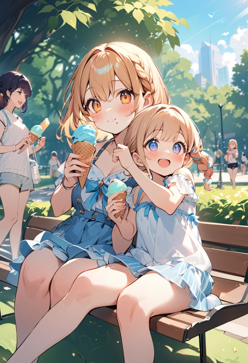 Highest quality、High resolution、Detailed Background、Beautiful face in every detail、Detailed eyes、、Highly detailed face、cuteカラーの髪色、Braided bob cut、Braided Ponytail、cute仕草、Park bench、 (Two beautiful girls eating ice cream enthusiastically in the park:1.5)、 Hot summer day、Pop it into your mouth、Desperately licking to eat quickly、The sight of people stuffing their cheeks with each bite、 With big eyes showing joy、The sight of him eating with fascination、A big smile、smile、cute