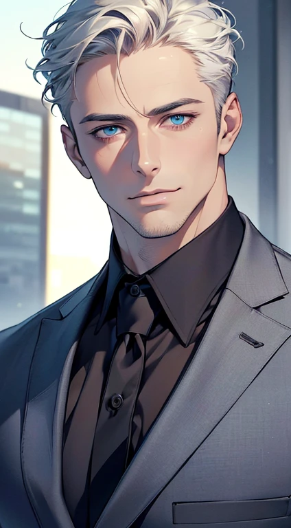 (best quality,4k,8k,highres,masterpiece:1.2),ultra-detailed,(realistic,photorealistic,photo-realistic:1.37),1 man,31 years old,mature man,very handsome,without expression,smile,short white hair,blue eyes,penetrating gaze,perfect face without errors,imposing posture,businessman,office background,cinematic lighting,hdr image