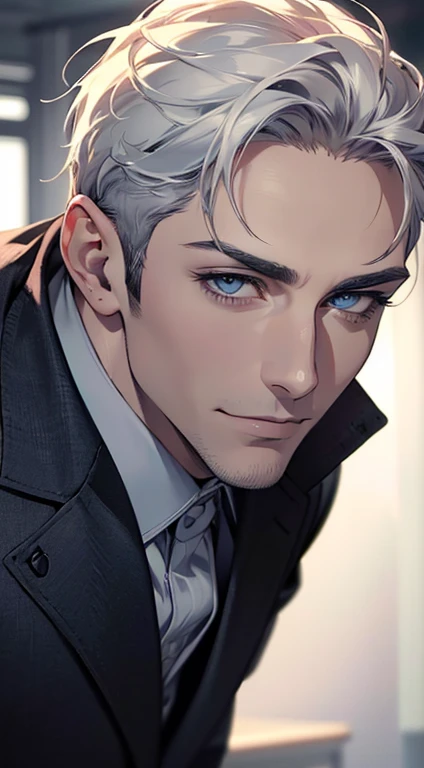 (best quality,4k,8k,highres,masterpiece:1.2),ultra-detailed,(realistic,photorealistic,photo-realistic:1.37),1 man,31 years old,mature man,very handsome,without expression,smile,short white hair,blue eyes,penetrating gaze,perfect face without errors,imposing posture,businessman,office background,cinematic lighting,hdr image