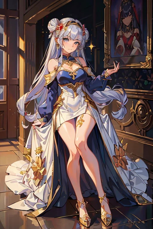 High resolution, masterpiece, Accurate, Highest quality, number々Awards for, High resolutionモデル,
Heavy bangs, Silver Hair, Wet Hair, 1 bun, Super long hair, ponytail thin、White skin, Ice blue eyes butterfly hair accessory, Crystal Earrings,Gold anklet swimsuit, Bikini with ruffles,
whole body, Character portrait