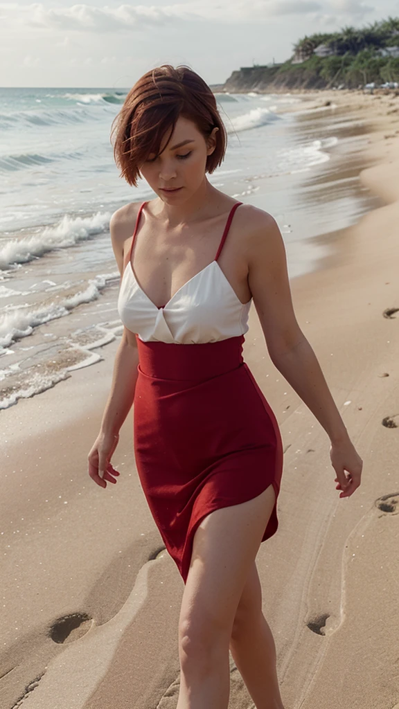 create an image of a white woman walking on the beach wearing a red casual dress with short hair below the shoulders in black